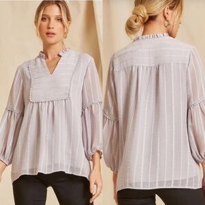 Savanna Jane grey beyond the lines grey peplum striped puff sleeve blouse size M